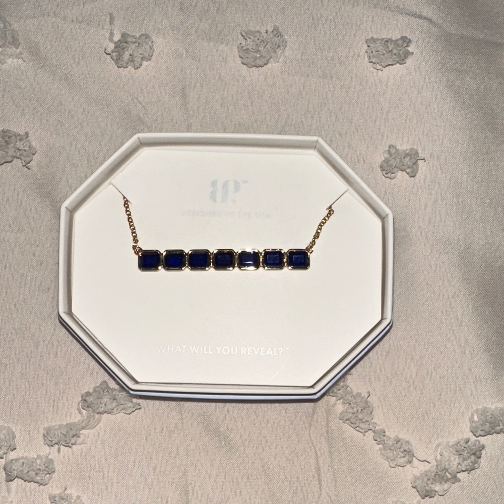 Bomb Party Gold Bar Necklace with Deep Blue Square Stones